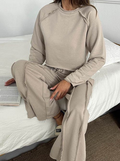 4623-beige Комплект одежды лонгслив брюки женский бежевый Girl 
