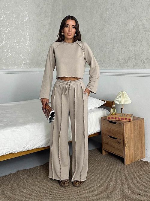 4623-beige Комплект одежды лонгслив брюки женский бежевый Girl 