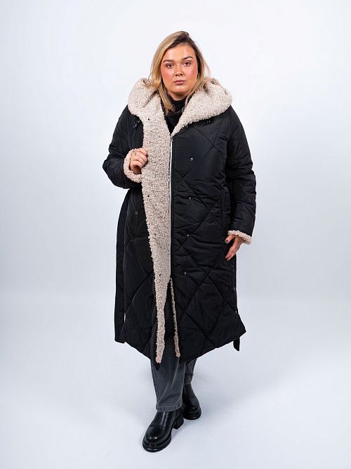 5УС-0209/1-932/933-1 Пальто плащевое женское утепленное черный ELECTRA STYLE 