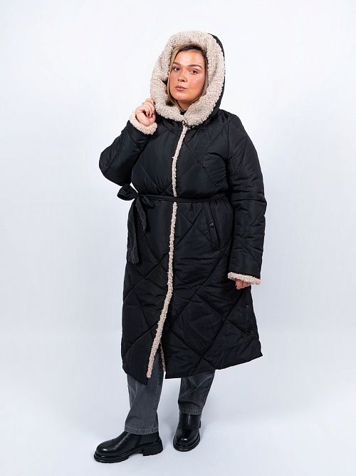 5УС-0209/1-932/933-1 Пальто плащевое женское утепленное черный ELECTRA STYLE 