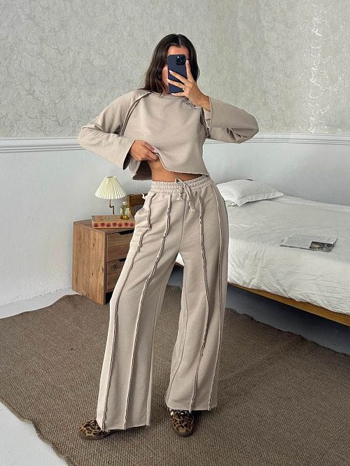 4623-beige Комплект одежды лонгслив брюки женский бежевый Girl 