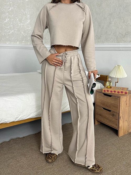 4623-beige Комплект одежды лонгслив брюки женский бежевый Girl 